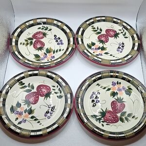 4 Oneida Ceramic Hand-Painted Strawberry Pattern Dinner Plates -
